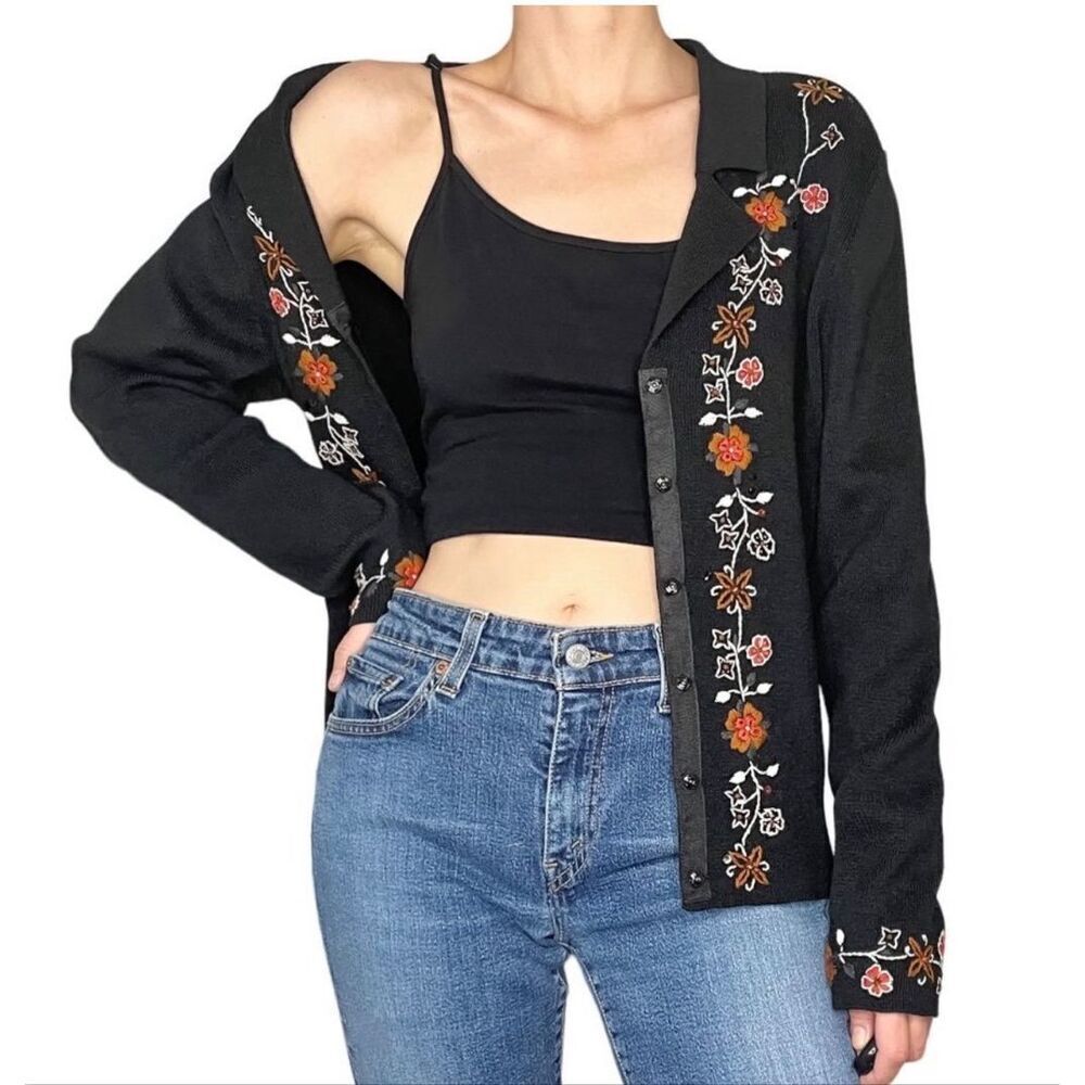 Christopher & Banks Hand Embroidered Sweater Black Size XL Vintage Y2K